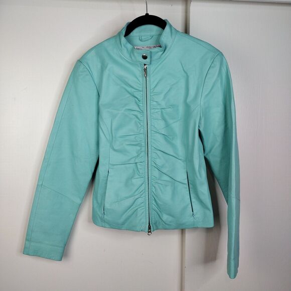Wilsons Leather Jackets & Blazers - Wilsons Womens 90's VTG Leather Maxima Ruched Moto Jacket Aqua Teal Blue Size M